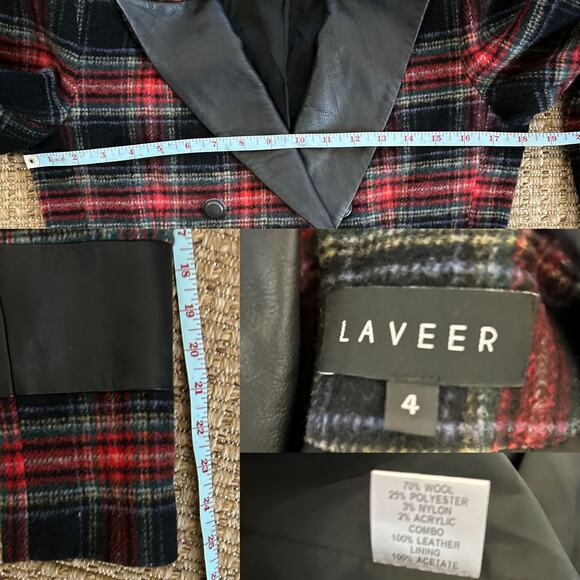Laveer Plaid Wool Blend Double Breasted Blazer w/ Leather Lapel – Size 4 - Picture 7 of 8